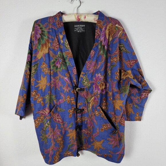 Vintage Asia Craft Textiles Hand Made Indonesian Batik Jacket Cotton Floral Blue - Picture 1 of 9